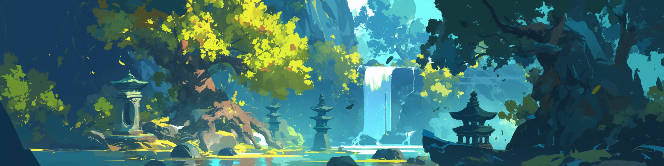 A tranquil, vibrant scene of a secluded Japanese garden with a waterfall flowing into a calm pond. Lush trees with bright green and yellow foliage surround the area, casting soft shadows over the water. Traditional Japanese stone lanterns and small pagodas line the pond's edge, adding to the peaceful ambiance. The scene captures a sense of serenity and natural beauty, with sunlight filtering through the trees, illuminating patches of the pond and creating a harmonious balance between light and shade.