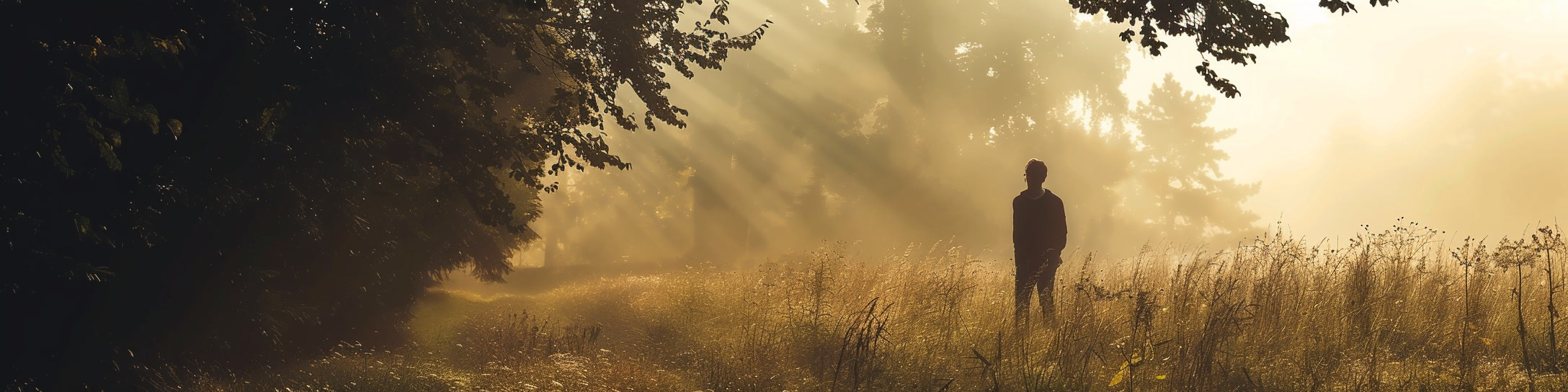 A serene scene in a sunlit meadow, where a lone person stands surrounded by tall grass and wild plants. The early morning or late afternoon sunlight streams through the trees, casting warm, golden rays and long shadows that create a peaceful and contemplative atmosphere. The person, silhouetted against the light, appears thoughtful, blending into the tranquil, natural surroundings as they stand in solitude amidst the gentle glow of the sun filtering through the trees. Captures a moment of quiet reflection in nature.