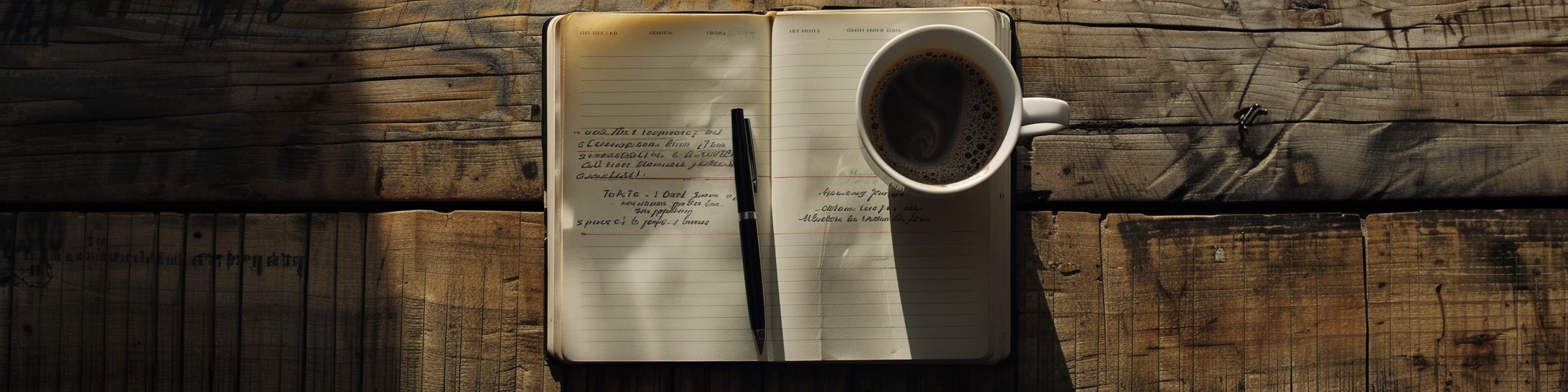 A cozy, rustic scene featuring an open notebook resting on a weathered wooden table. The notebook has neat, handwritten notes, and a black pen lies on its open pages, suggesting recent use. A white cup filled with dark coffee sits on the right side of the notebook, casting a soft shadow over the pages. Warm light illuminates part of the notebook and coffee cup, enhancing the rustic feel of the aged wood and the simplicity of the setup. The scene evokes a peaceful moment of reflection or creativity, perfect for journaling or planning.