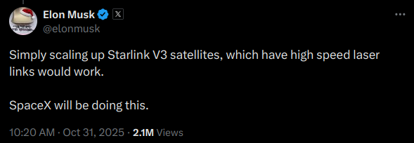 Elon Musk on X about scaling Starlink V3 sats for high speed laser links